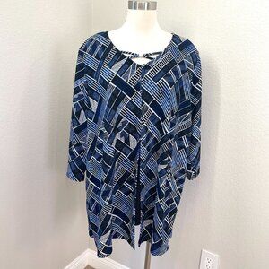 AnyWear By Catherines Plus 3X 26/28W Blue White Abstract Tunic Top Shirt